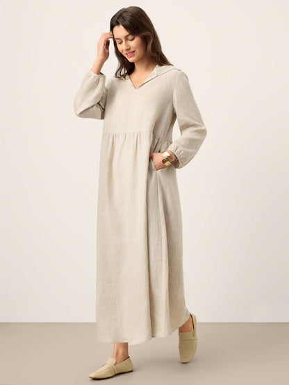 100% Linen Sculpted-Hood Caftan Maxi Dress LINETTE