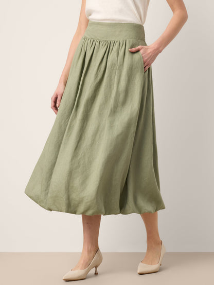 100% Linen Gathered Waist Bubble Hem A-Line Skirt LEONA