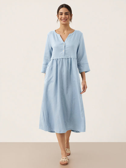 100% Linen Loose Fit Button Waist Gathered Maxi Dress LUNA