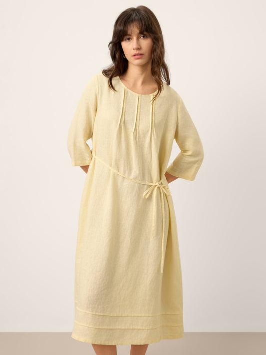 100% Linen Pintucked Embroidered Adjustable Belt Tiered Maxi Dres VERENA