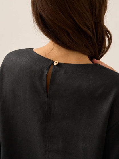 100% Linen Round Neck Button Detail Midi Dress JELENA
