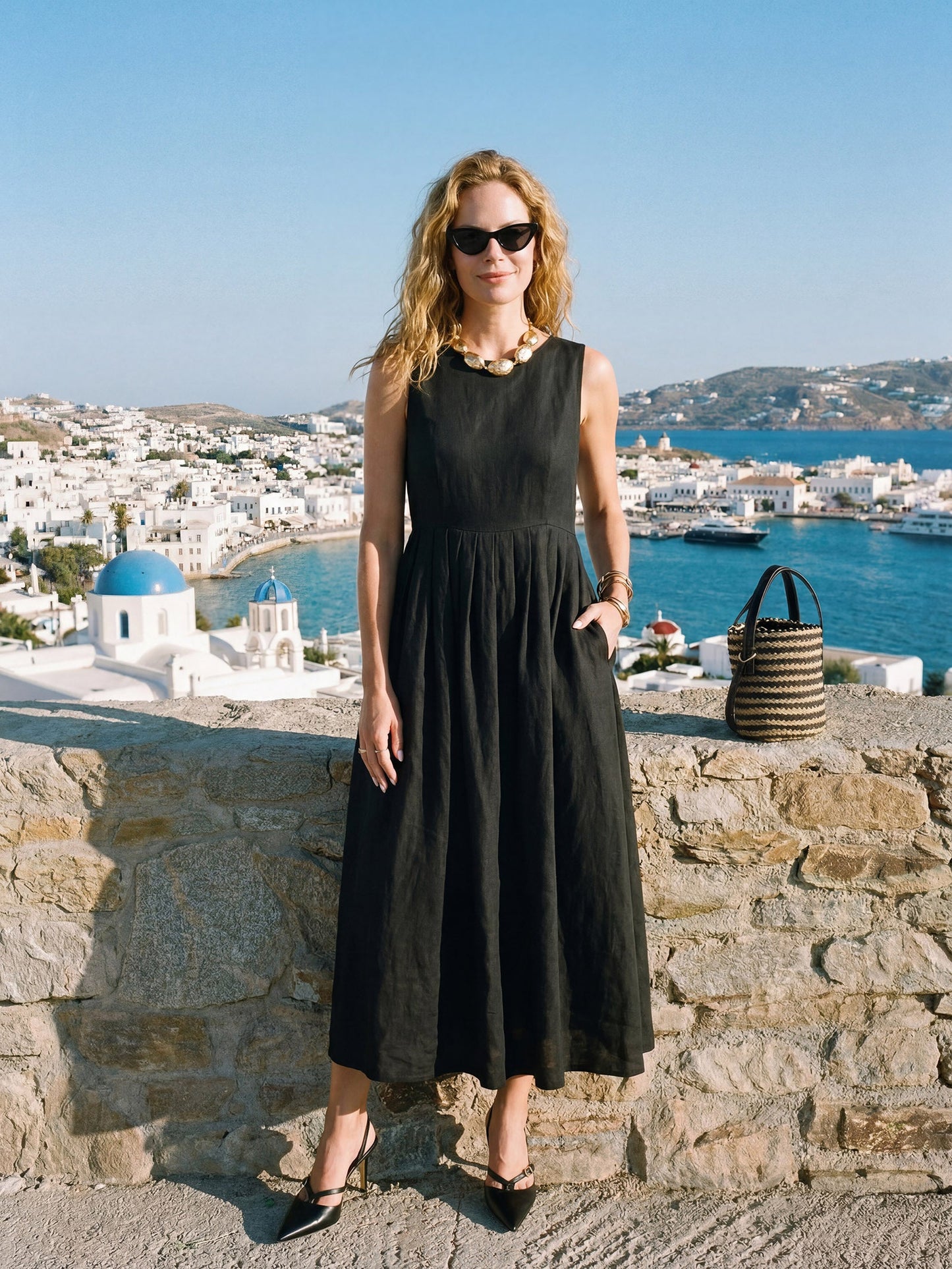 100% Linen Sleeveless Crew Neck Waist Pleated Maxi Dress SELENE