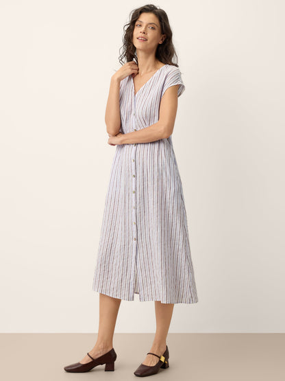100% Linen Striped Tailored Cap Sleeve Maxi Dress AGNES