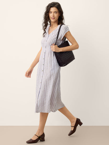 100% Linen Striped Tailored Cap Sleeve Maxi Dress AGNES