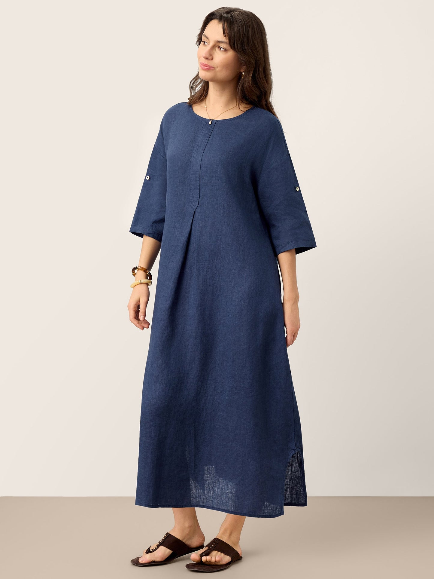 100% Linen Roll-Up Sleeve Inverted Pleat Maxi Dress MARIBEL