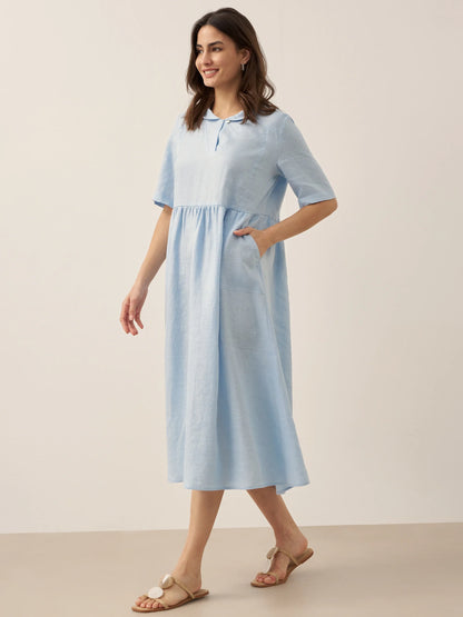 100% Linen Shawl V-Neck Pleated Maxi Dress SUSAN