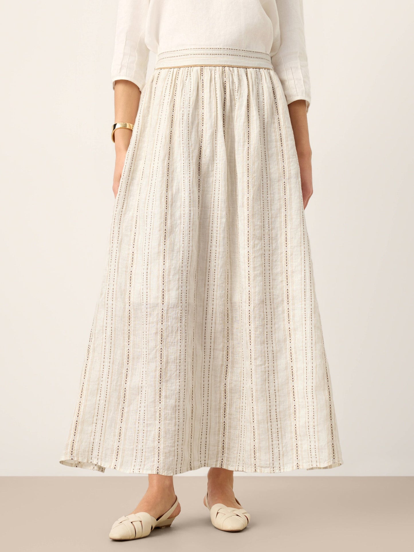 Linen Striped Contrast Trim A-Line Bohemian Skirt with Lining ISMERIE