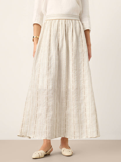 Linen Striped Contrast Trim A-Line Bohemian Skirt with Lining ISMERIE