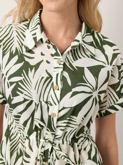 Linen Palm Print Drawstring Waist Cuffed Sleeve Midi Shirt Dress AURELIA