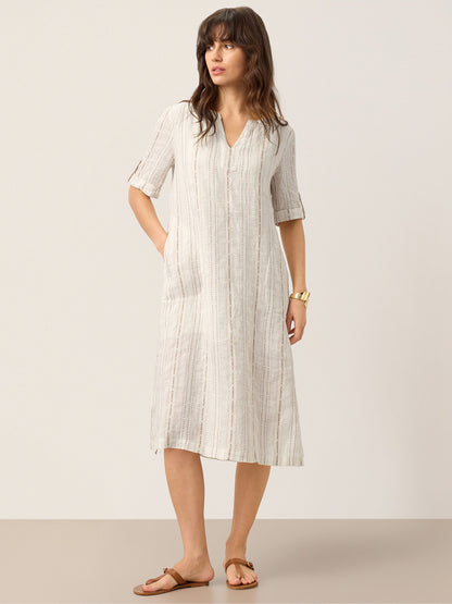 Linen Striped Notch Neck Tab-Cuff Bohemian Midi Dress ALTHEA